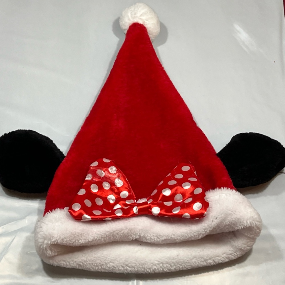 Disney Minnie Mouse Black Ears SANTA Hat Plush Red & White Polka Dot Bow Adult
